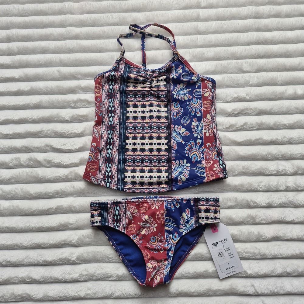 Roxy Kid's Girl's Juniors' Red and Blue Tankini Set Swimwear Size 7